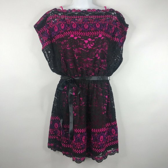 Betsey Johnson Dresses & Skirts - Betsey Johnson Pink Purple Floral Embroidered Mexican Lace Belted Mini Dress